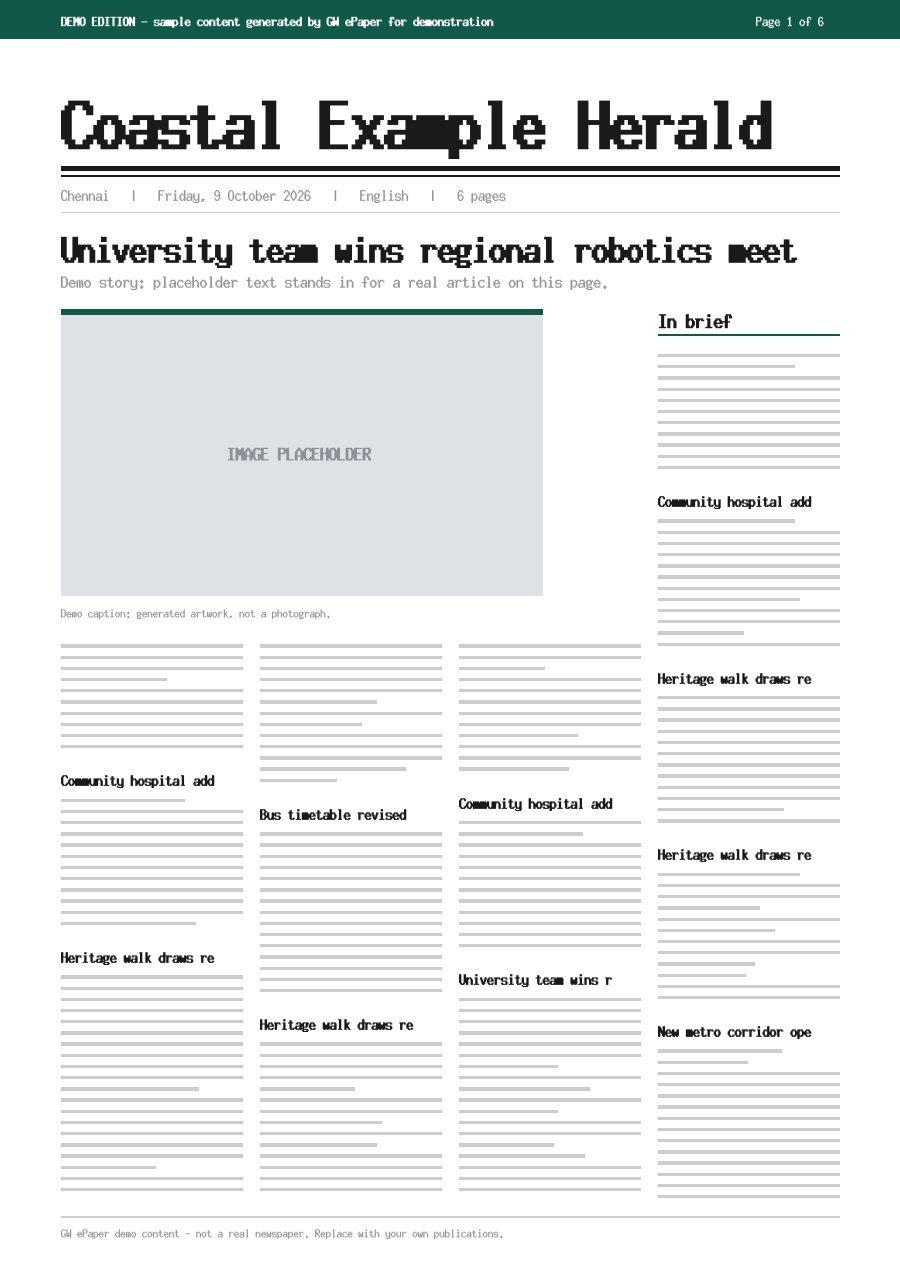 Front page of Coastal Example Herald, 9 October 2026